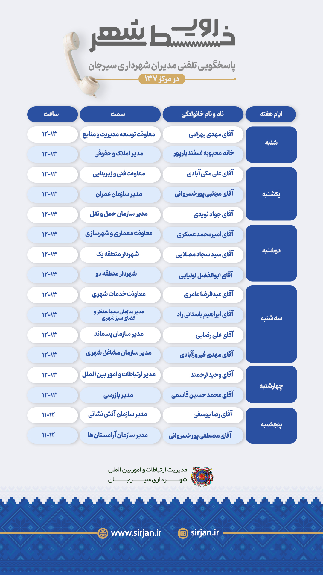 روی خط شهر؛ پاسخگویی تلفنی مدیران شهرداری سیرجان 